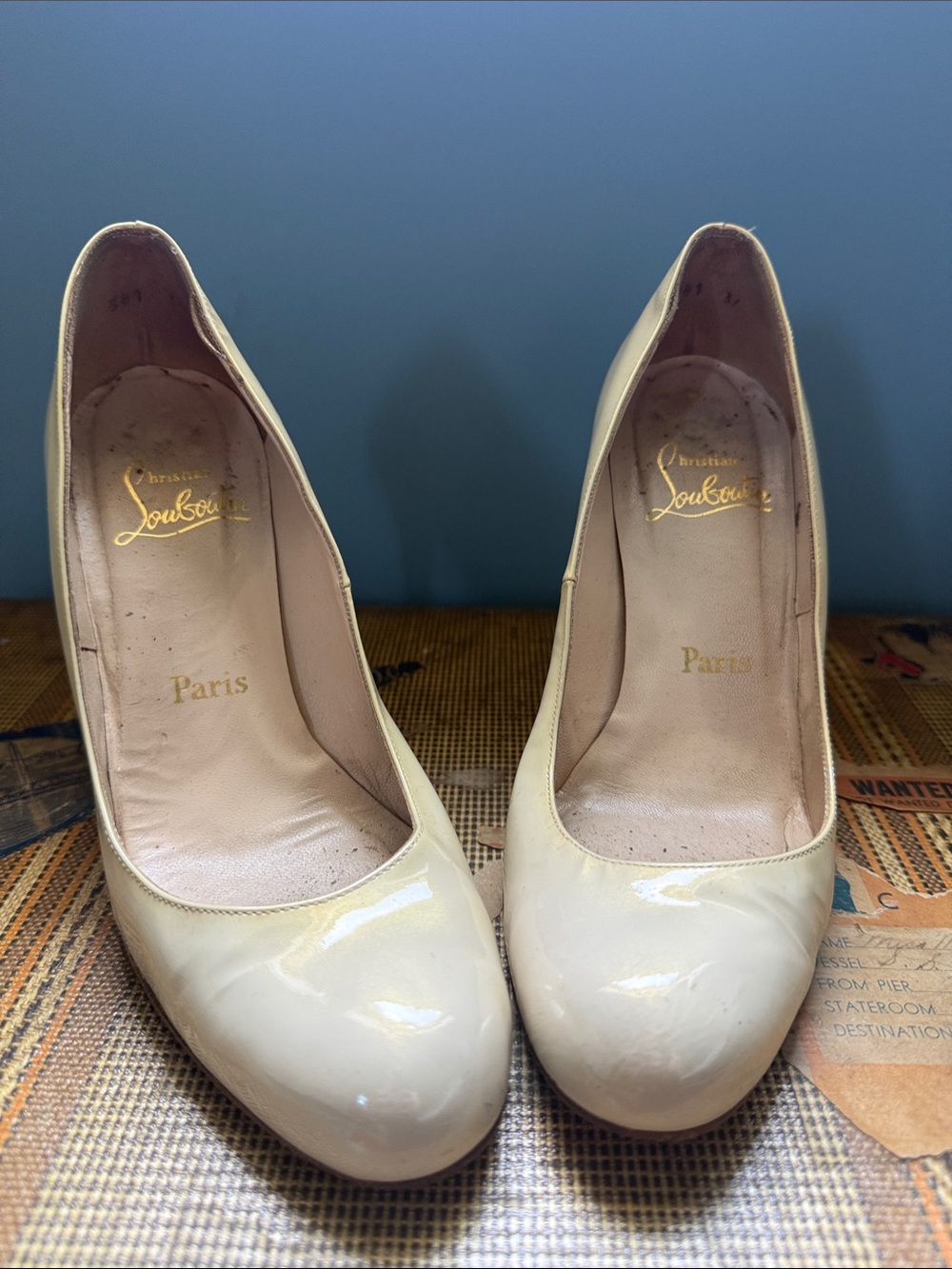 Christian Louboutin Cream Patent Leather Round-Toe Pumps